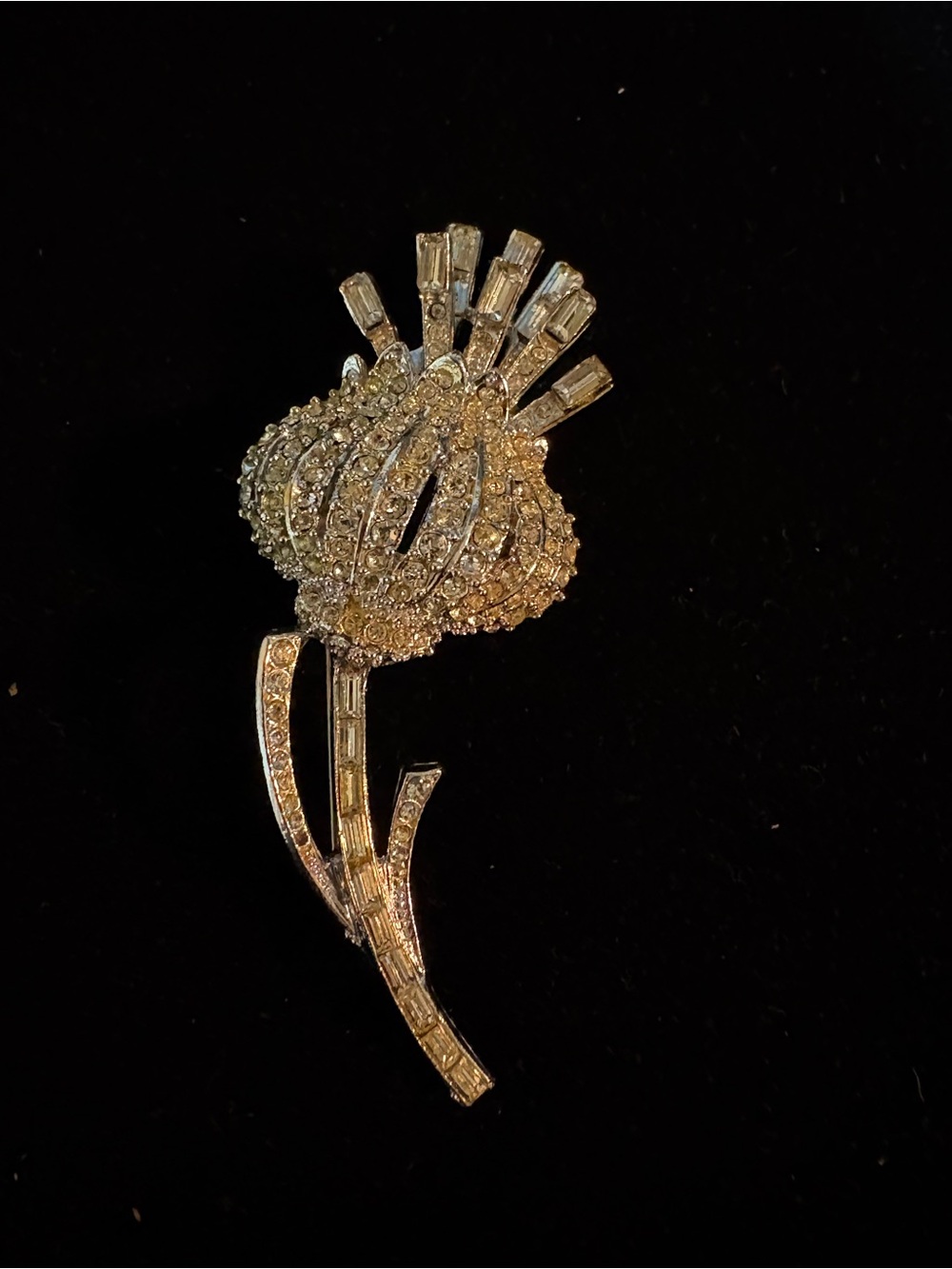 Crystal Flower Stem Brooch - SilverTone